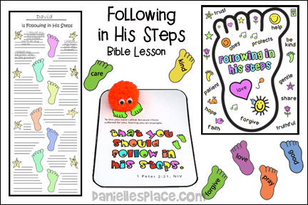 Following in His Footsteps Bible Lesson for Sunday school and children's ministry, Including Bible Crafts, Games and Bible Verse Review Activities, Story References:
1 Peter 2:21-23, Follow a Path to Jesus activity, Feet Critter Refrigerator Magnets with Bible Verse, “Following in His Steps” Coloring Sheet, footsteps bulletin board activity, Shoe relay game activity, big feet relay game, follow the leader activity, following in his footsteps poster craft, songs I will follow and The steps of my Lord