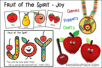 Fruit of the Spirit Joy Bible Lesson Fruit of the Spirit - Gentleness for Sunday School and Children's Ministry, Including Bible Crafts, Games, songs, and Bible Verse Review Activities, Bible Reference:
Galatians 5:22-23a and Acts 16:16-40, Fruit Loop Necklace Craft, Fruit of the Spirit Bible Verse Picture for Joy, Joy Fruit Loop Activity Sheet, FRuit of the Spirit Joy Bird Bible Verse Coloring Sheet, Paul and Silas Activity and Coloring Sheet, Fruit of the Spirit Bible Verse Review game, Love and Joy Beanbag Pass Craft, No-sew Fruit Beanbags Craft, Spread the Joy Beanbag Toss Game, Apple or Cherry? Sniff and Smell Activity, songs Rejoice in the Lord Always.
I’ve Got the Joy, Joy, Joy, Joy Down in My Heart, daniellesplace.com, daniellespace.com, daniellplace.com, daniellsplace.com, danielsplace,com, danielspace.com, danielplace.com, danilesplace.com, danielplace.com