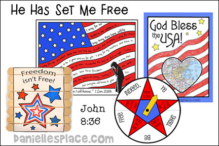 He Has Set Me Free Bible Lesson for Sunday School and Children's Ministry, Including Bible Crafts, Games, songs, and Bible Verse Review Activities, Memory Verse:
“If the Son therefore shall make you free, ye shall be free indeed.” John 8:36, Paper Pieces Flag Craft, Patriotic Folding Craft Stick Crafts, Freedom Bible Verse Review Craft, Make a Personal Flag, God Bless the USA! Picture Color Sheet, Flag Coloring and Activity Sheet, John 8:36 Bible Verse Activity Sheet,
daniellesplace.com, daniellespace.com, daniellplace.com, daniellsplace.com, danielsplace,com, danielspace.com, danielplace.com, danilesplace.com, danielplace.com