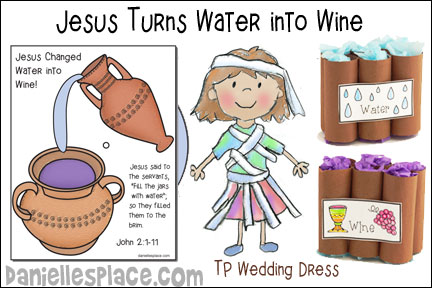 Jesus Turns Water into Wine Bible Lesson for Sunday School and Children's Ministry, Including Bible Crafts, Games, songs,  and Bible Verse Review Activities, Bible Verse:
“Give all your worries and cares to God, for he cares about what happens to you.” 1 Peter 5:7, Bible Reference: John 2:1-11, Prepare for a Wedding Reception Activity, Decorate Wedding Cakes Activity, Serve  Kool-aid and Cupcakes Activity, Play a Bible Verse Memory Game, Make a TP a Wedding Dress Contest, Water, Water, Wine Game, Sing a Song – Water to Wine, Make Water to Wine Pots Craft, Jesus Turns Water to Wine Activity Sheet, 
daniellesplace.com, daniellespace.com, daniellplace.com, daniellsplace.com, danielsplace,com, danielspace.com, danielplace.com, danilesplace.com, danielplace.com