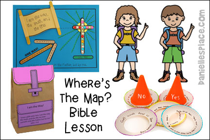 Where's the Map Bible Lesson for Kids Sunday School, Daniellesplace.com, John 15:5, Psalm 119:105, Romans 8:37, “I am the way, the truth, and the life.” John 14:6, This lesson includes: Find Where You Live Map Activity, Color Backpacking Paper Dolls and Discover Which Way is North, “I am the Way” Craft Stick Activity Sheet, Backpack with “Map” Bible Verse Cards, “Jesus is the Way” Cairn Bible Craft and Learning Activity, "Where’s the Map?" story, Prayer for prayer time, Play a Search and Find Game, Ring Toss Bible Lesson Review Game,  danielplace.com, danniellesplace.com, danielleplace.com, danieleplace.com, danielsplace.com, daniellespace.com