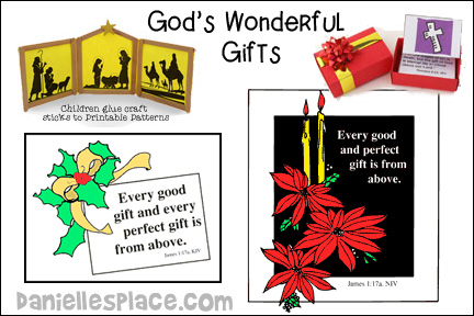 God's Wonderful Gifts Bible Lesson for Sunday School and Children's Ministry Including Bible Crafts, Games and Bible Verse Review Activities, Bible Reference: James 1:17, KJV, Decorate Gift Boxes activity, Bible Verse Color Sheet (Younger Children), Little Town of Bethlehem Ornament Craft,  Nativity Triptych Christmas Craft, Play a List Game – (Older Children), “Pass the Present” – (Any age), daniellesplace.com, danielleplace.com, daniellespace.com, daniellsplace.com, danielsplace.com, danielplace.com, danielspacecom
