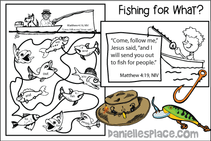 Fishing For What? Bible Lesson for Children for Sunday School and Children's Ministry, Including Bible Crafts, Games, songs,  and Bible Verse Review Activities, Lesson Scripture:
Luke 5:1-11

Memory Verse:
“And he saith unto them, Follow me, and I will make you fishers of men.” Matt. 4:19, KJV, “Come, follow me,” Jesus said, “and I will send you out to fish for people.” Matt. 4:19, NIV, Talk About Fishing, Bible verse Review Sheet, Fishing for men bible activity, fishing memory game, Put on a Puppet Skit, Fishers of Men Envelope Boat Craft, fishing bible verse review game go fish, gone fishing fishers of men bible verse review craft, 

daniellesplace.com, daniellespace.com, daniellplace.com, daniellsplace.com, danielsplace,com, danielspace.com, danielplace.com, danilesplace.com, danielplace.com